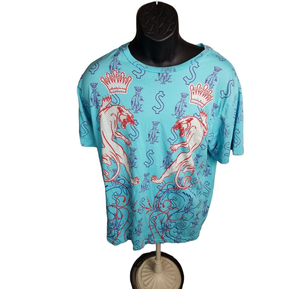 Men's Hip Hop Aqua Blue Embellished Cotton Tee Size Large